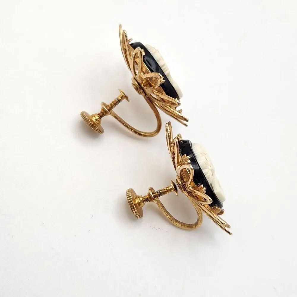 Vintage Mid-Century Sunburst Cameo Brooch & Screw-Back Earring Set Gold Tone